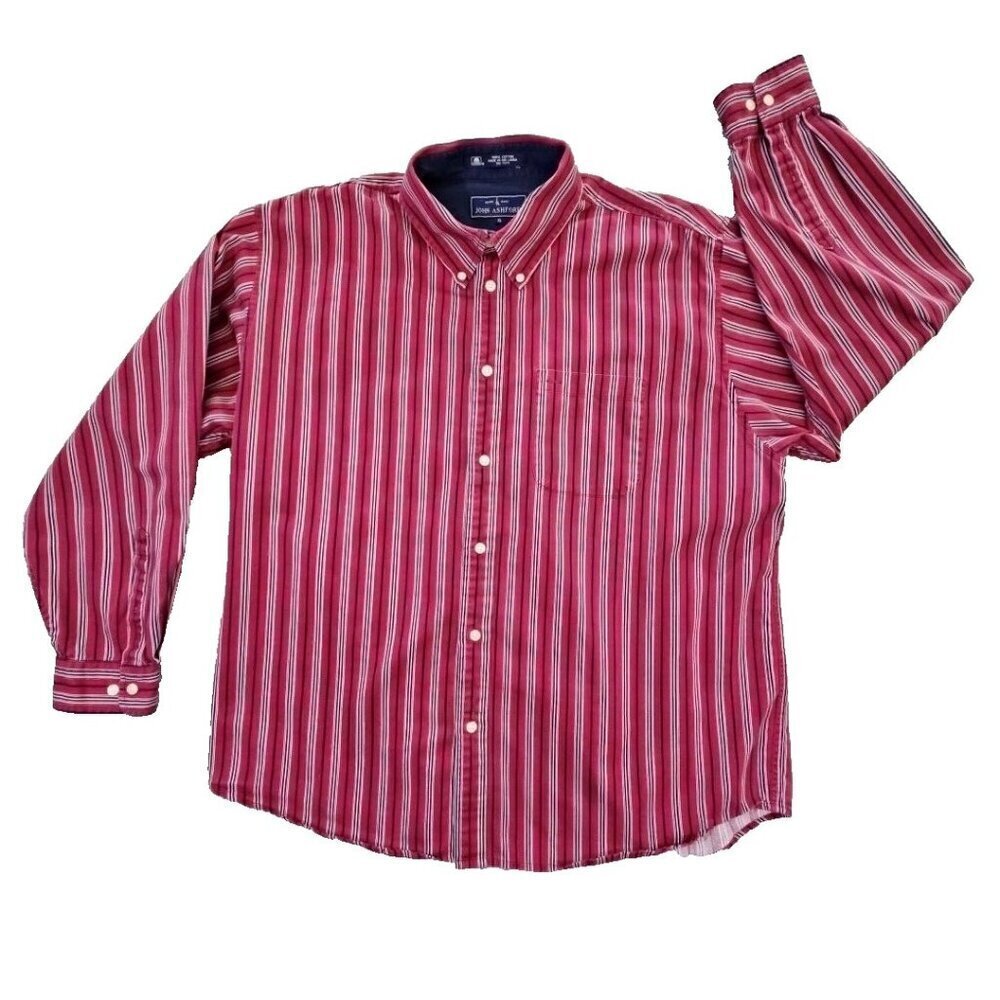 John Ashford Men's Dress Shirt‎ Medium Red Blue Button-Down Striped Long Sleeve